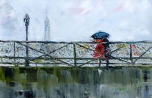 Peinture de Chantal  Urquiza: seuls sous la pluie sur le PONT des ARTS 