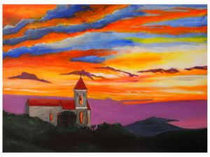 Peinture de Paoli: Coti Chiavari: coucher de soleil sur l'Eglise St Jean Baptiste  