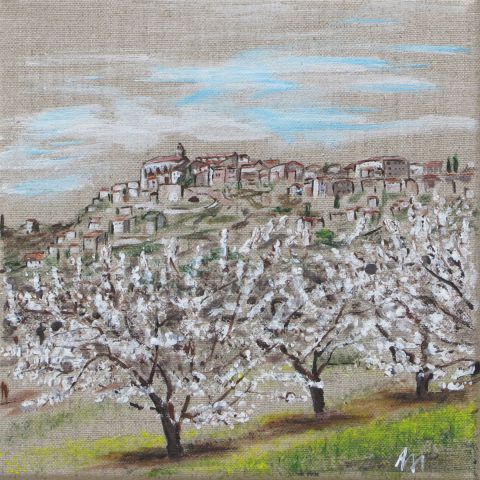 Nos cerisiers en fleurs , Gordes - Peinture - annie massollo Nos cerisiers en fleurs , Gordes - Peinture - annie massollo