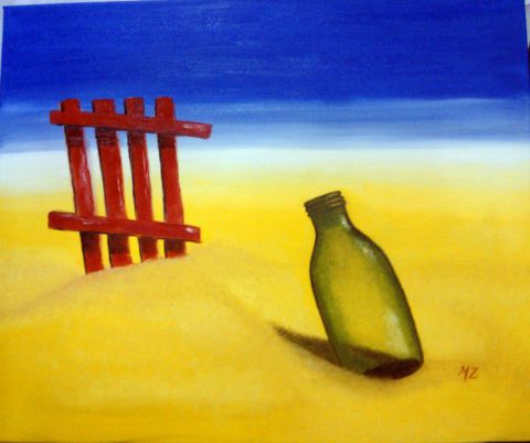bouteille sur la plage - Peinture - martine zendali