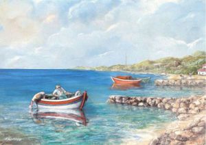 Peinture de Jacques MONCHO: Barque de pêche à l'ancrage