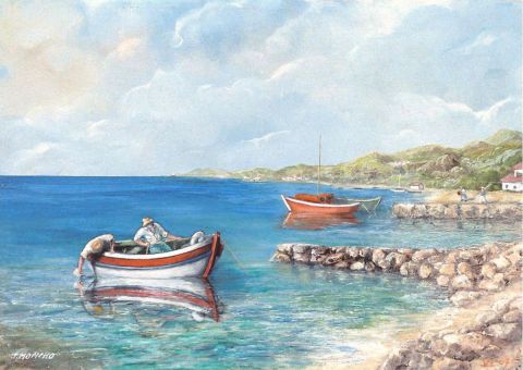 Barque de pêche à l'ancrage - Peinture - Jacques MONCHO