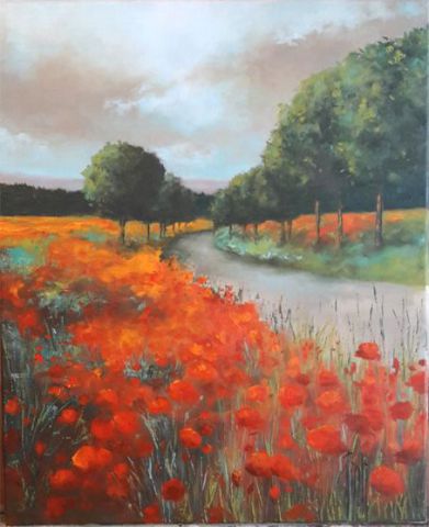 Chemin bordé de coquelicots - Peinture - sylvie pioli Chemin bordé de coquelicots - Peinture - sylvie pioli