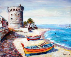 Peinture de Paul-Louis Recco: Tour et plage de Miomo