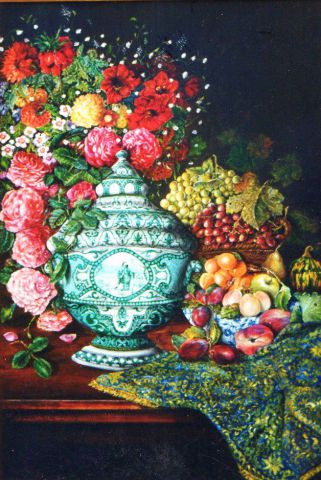 vase avec fleurs et fruits - Peinture - Jacques MONCHO