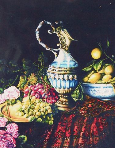 L'artiste Jacques MONCHO - Aiguière avec fruits et fleurs