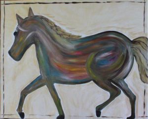 Peinture de Mimi Garnero : Cheval (Spirit) sur fond couleur or aspect vieilli 