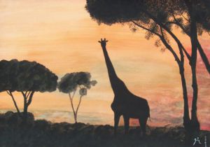 Peinture de Christian Bligny: Girafe soleil couchant