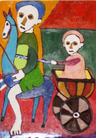 Garçon sur un cheval et fille dans un chariot  - Peinture - Anna Demadre-Synoradzka