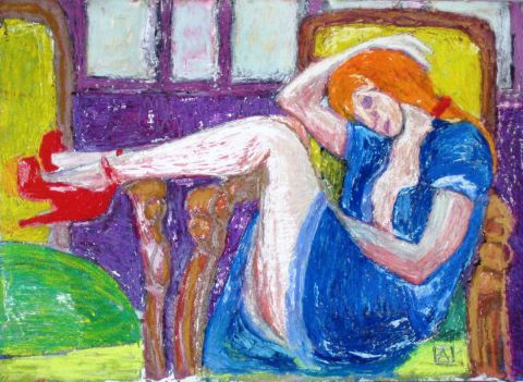 L'artiste Anna Demadre-Synoradzka - Femme à la robe bleue et aux jambes nues