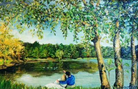 L'artiste Jacques MONCHO - Flirt au bord du lac