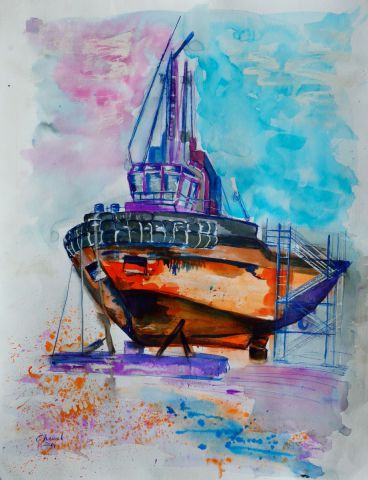 Remorqueur au chantier naval de Concarneau - Peinture - Chenel
