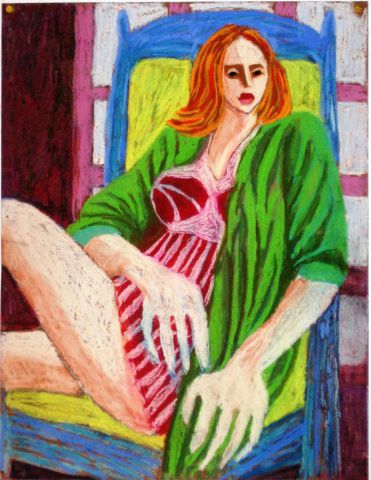 Femme aux mains fourchettes assise sur un fauteuil bleu - Peinture - Anna Demadre-Synoradzka