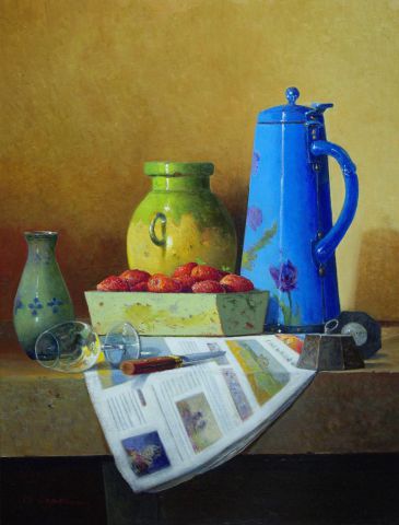 L'artiste marpielo - Bouilloire, fraises, verre, journal