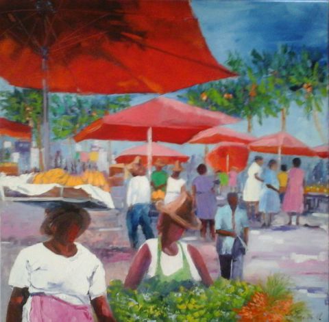 les parasols rouges du marché antillas - Peinture - Veronique LANCIEN