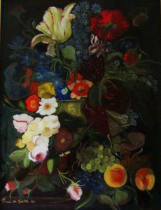 Peinture de Irene de Castel: Bouquet de fleurs et pêches