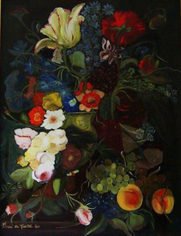 L'artiste Irene de Castel - Bouquet de fleurs et pêches