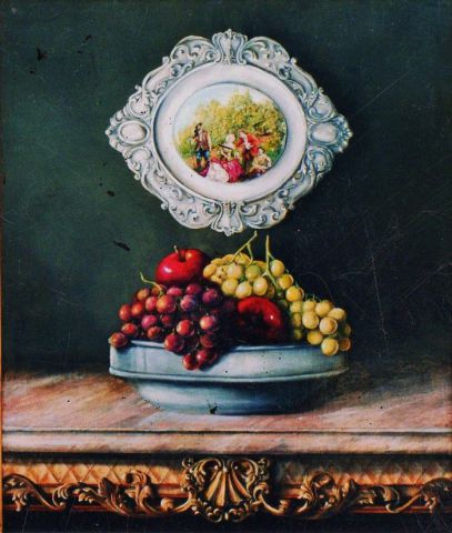 L'artiste Jacques MONCHO - Coupe de fruits avec  assiette en etain