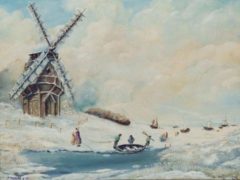 Bateaux de pêche à marée basse - Peinture - Jacques MONCHO