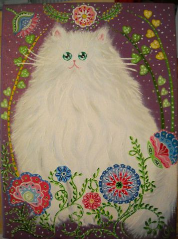 L'artiste Oxana MUSTAFINA - Peinture à l'huile et acrylique Chat blanc aux fleurs sur toile L'artiste Oxana MUSTAFINA - Peinture à l'huile et acrylique Chat blanc aux fleurs sur toile
