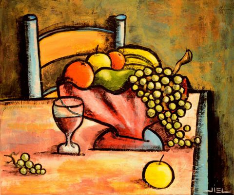 L'artiste JIEL - COUPE AUX FRUITS MULTICOLORES AVEC VERRE DE VIN L'artiste JIEL - COUPE AUX FRUITS MULTICOLORES AVEC VERRE DE VIN