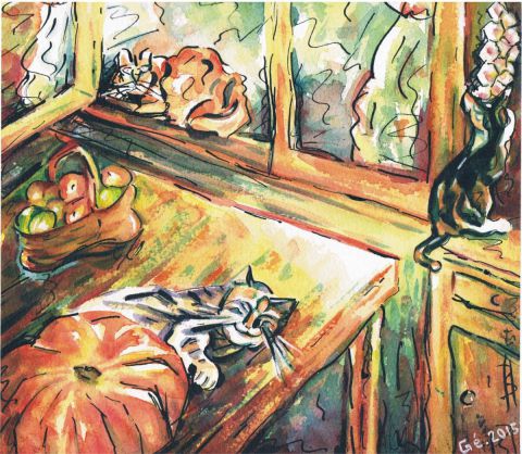 les trois chats - Peinture - Gerard SERVAIS