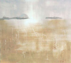 Peinture de cornelius: étang au ciel de grain