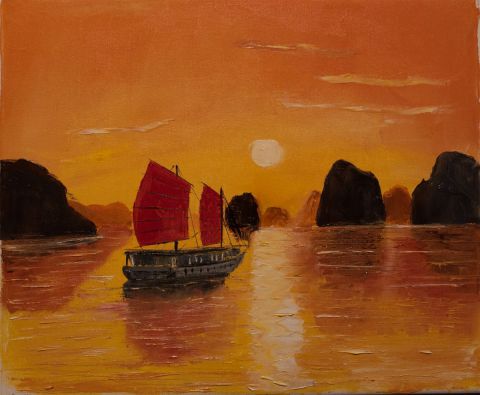 Sunset in Halong Bay - Peinture - Arina Tcherem