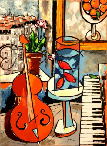 The three goldfish of Matisse with cello, etc - Peinture - JIEL