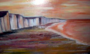 Peinture de roselyne halluin: Coucher de soleil sur les falaises