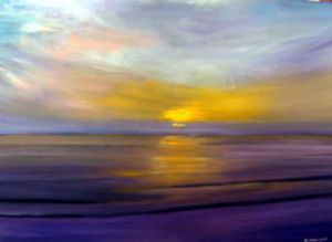 Peinture de roselyne halluin: coucher de soleil en Baie de Somme