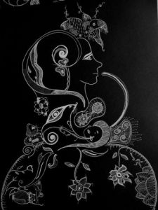 Dessin de chara: Femme en vie 1- graphisme acrylique sur papier noir
