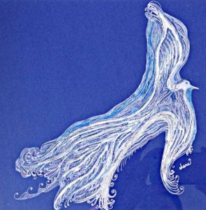 Dessin de chara: Liberté - Oiseau -  Dessin acrylique sur papier bleu