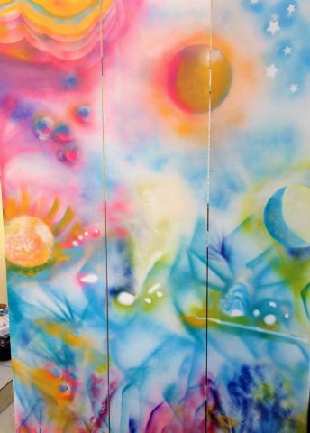 Galaxie - Méditation - Peinture et spray acrylique sur paravent  -190x150 - Peinture - chara