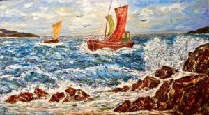 Peinture de litalien: Marine avec bateaux de peche