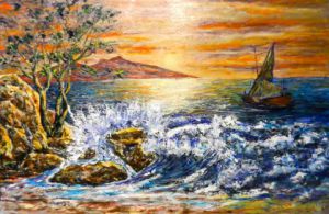 Peinture de litalien: Coucher de soleil et voilier 