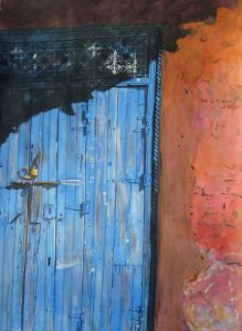 Peinture de Michel Godard: Porte bleue à Marrakech