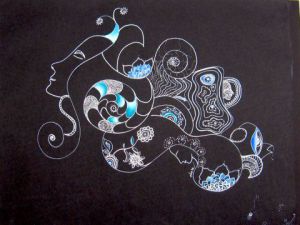 Dessin de chara: Je rêve en bleu - Graphisme Acrylique Peinture à l'huile sur papier noir