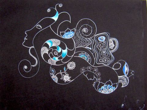 L'artiste chara - Je rêve en bleu - Graphisme Acrylique Peinture à l'huile sur papier noir