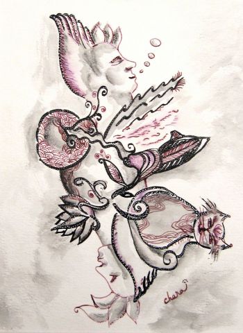 L'artiste chara - Mon chat et moi- Dessin Encre et crayons aquarellables