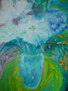 Peinture de madeleine gendron: Fleurs dans un vase turquoise