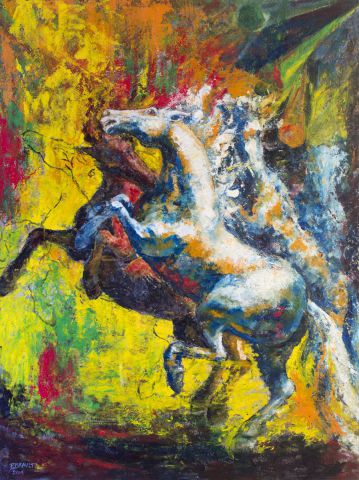Séquence de chevaux batifolant parmi la couleur - Peinture - PIERRE BRAULT