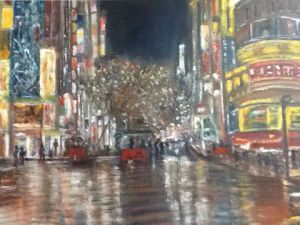 Peinture de Electre: Une ville la nuit apres la pluie