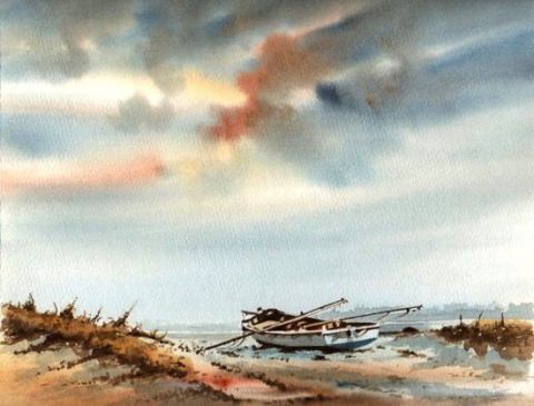 Barque à marée basse - Peinture - Bek Aquarelle
