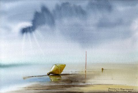 Bouée sur la plage à marée basse - Peinture - Bek Aquarelle