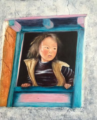 enfant Népalaisà la fenêtre - Peinture - nelly cougard