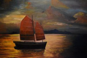 Voir le détail de cette oeuvre: Peinture coucher de soleil bateau en mer