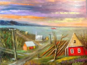 Voir cette oeuvre de Normand Calestagne: Un petit village de Charlevoix.  Au Québec 