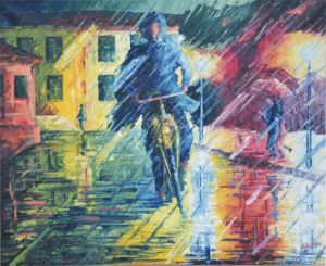 Peinture de Gerard SERVAIS: Sur son vélo par un temps de chien