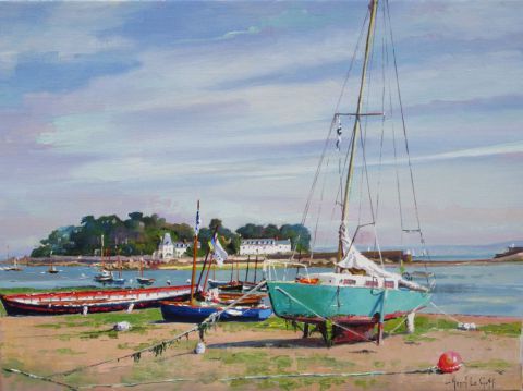 Voilier vert devant l'île Tristan, port de Douarnenez (Finistère, Bretagne, Fra - Peinture - Henri Le Goff Voilier vert devant l'île Tristan, port de Douarnenez (Finistère, Bretagne, Fra - Peinture - Henri Le Goff